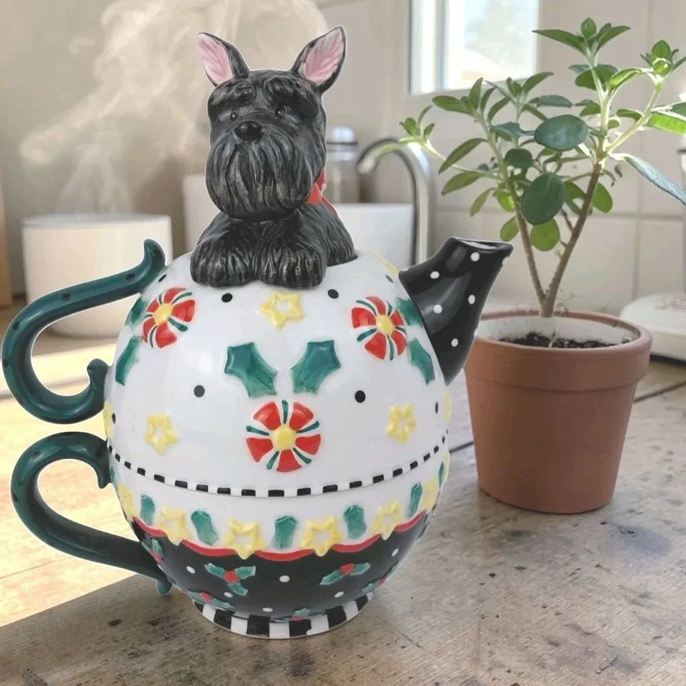 Mary Engelbreit Scottie Dog Teapot Stackable Mug 2001 Scottish Terrier Holiday